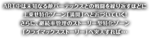 ART中は未知なる敵バーテックスとの戦闘を繰り返すほどに上乗せ特化ゾーン「満開」へと近づいていく！さらに、継続率管理のストーリー型特化ゾーン「クライマックスストーリー」へ突入すれば、、、